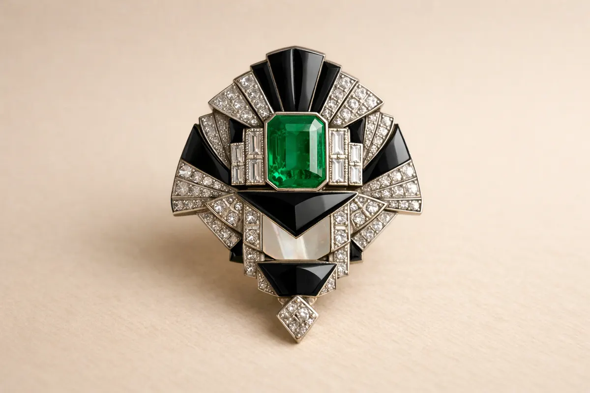 Editorial checklist image for art deco jewelry showing visible clues and comparison notes.