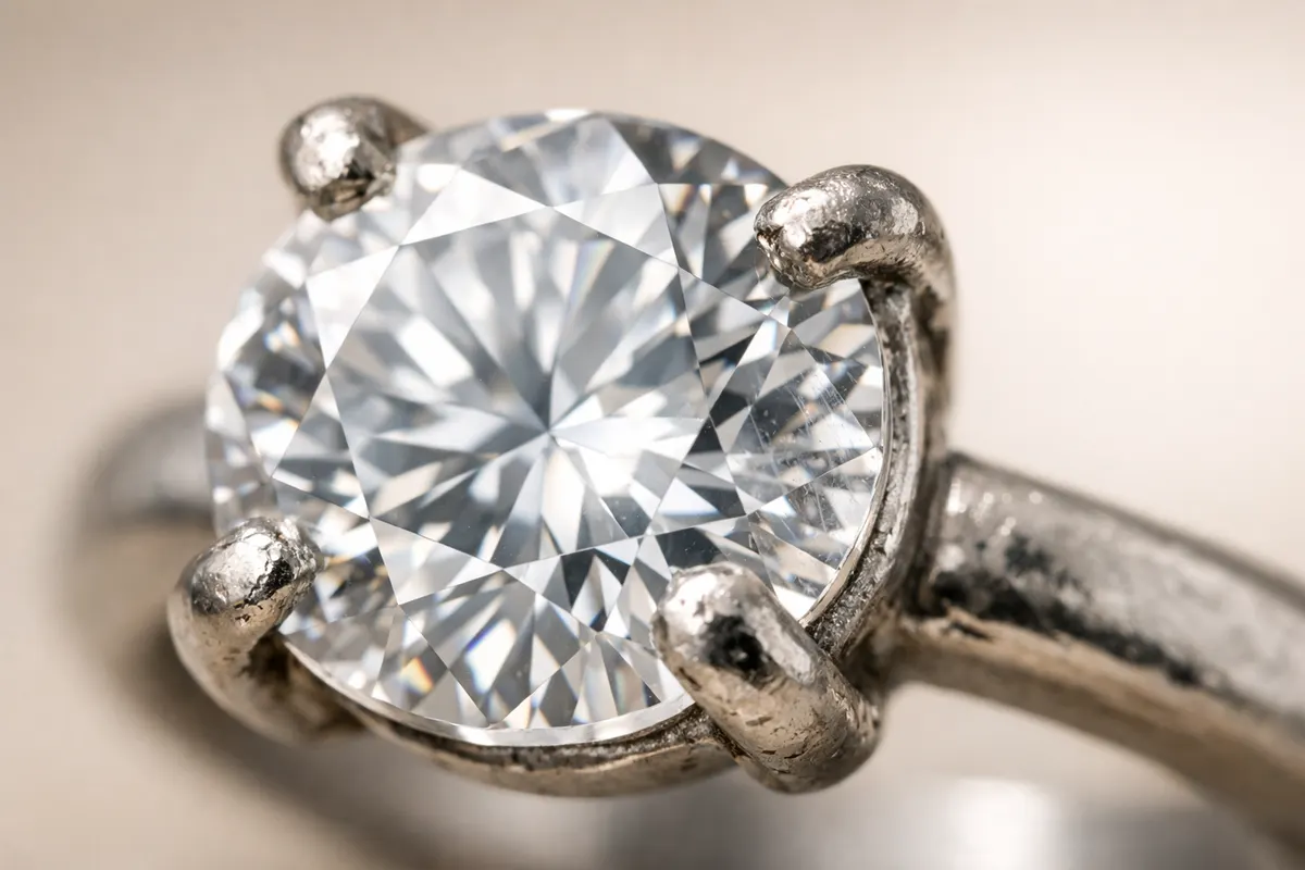 Macro photo of a clear stone ring showing facet edges, setting wear, prongs, and glare limitations