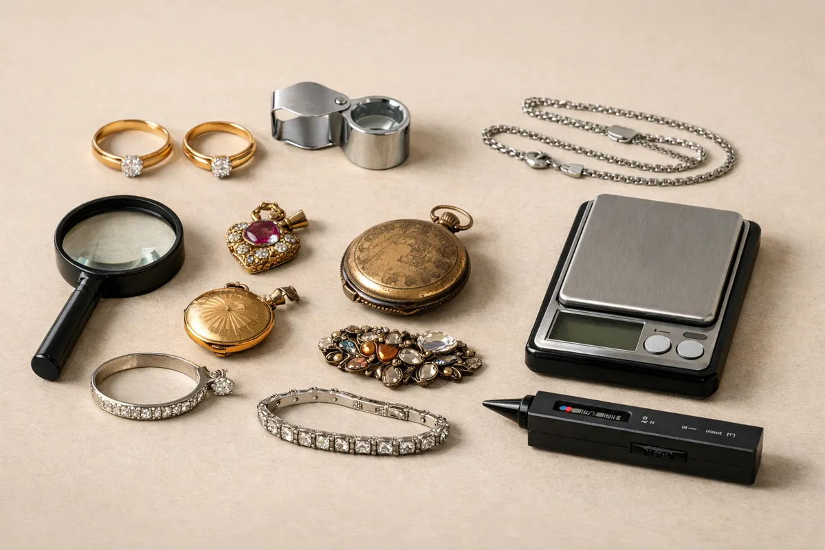 Generated illustration of assorted jewelry with a loupe, magnifying glass, digital scale, and handheld testing device.