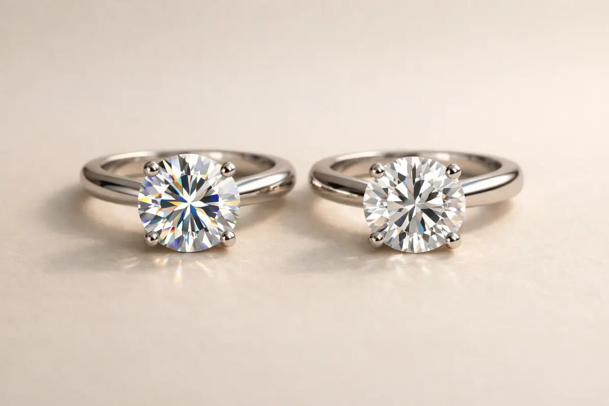 Two ring stones photographed side by side with lighting that shows sparkle, facet edges, and setting clues