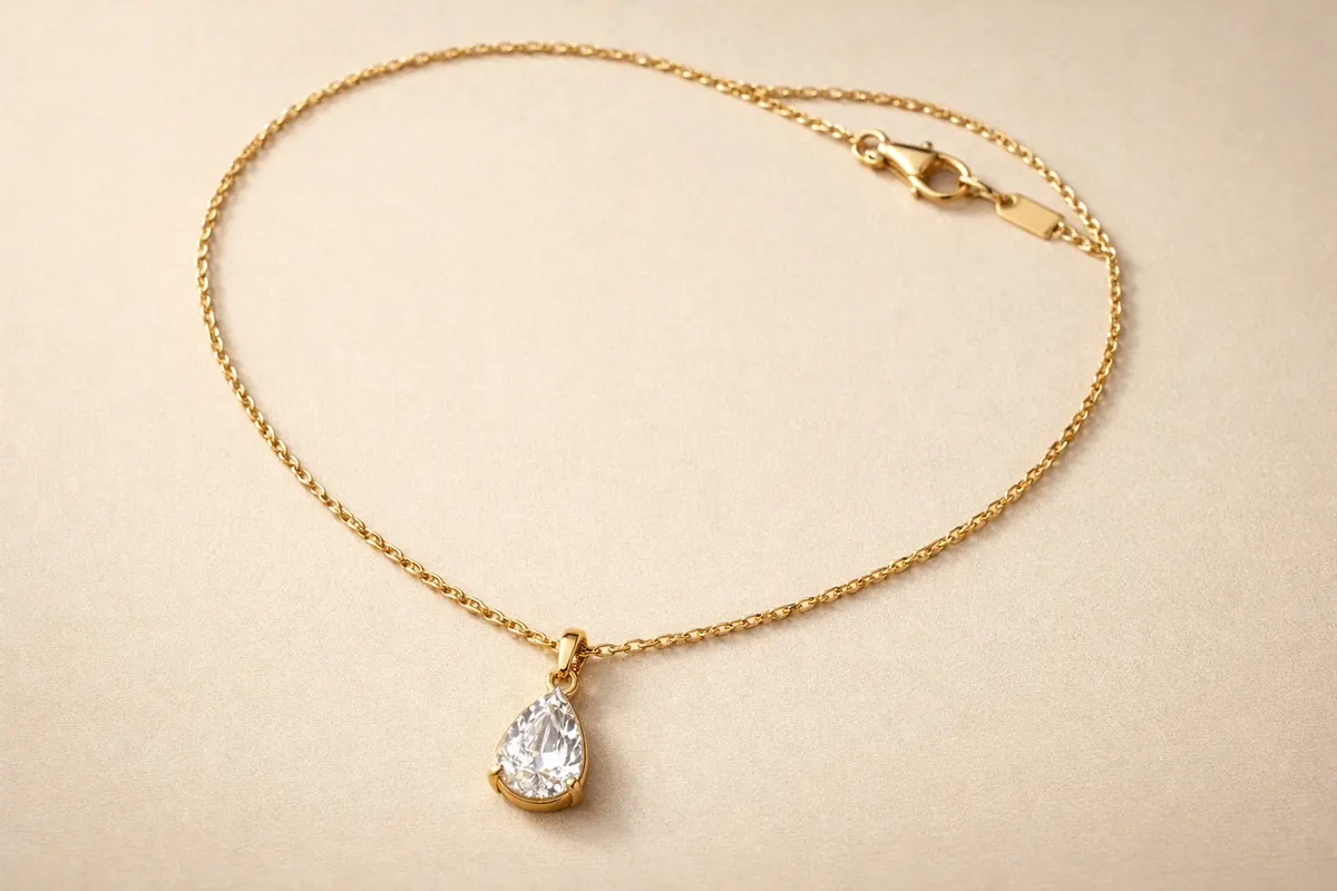Necklace photo with callouts for chain, pendant, clasp, and hallmark