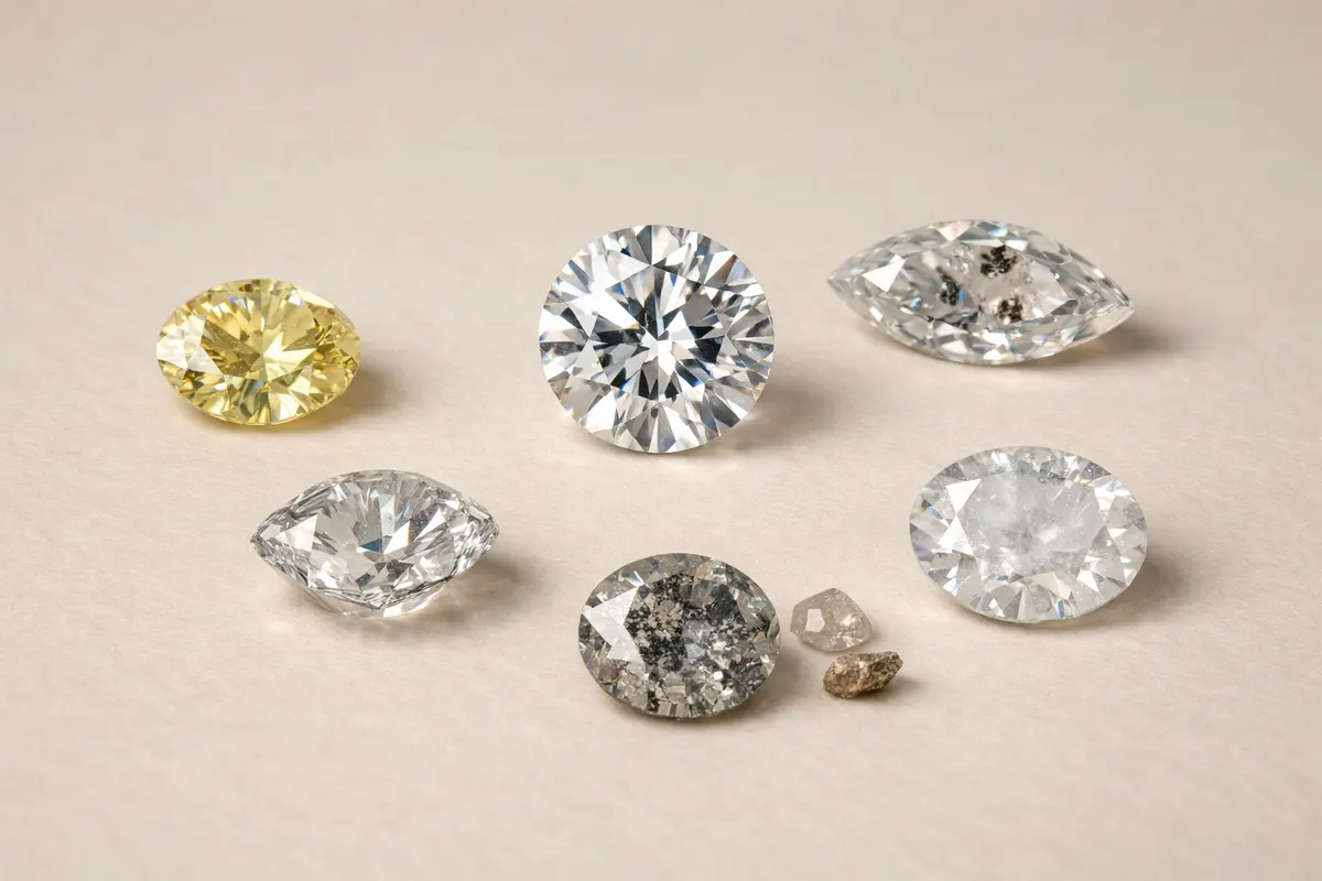 Editorial visual checklist for diamond identification with grouped clues and example details.