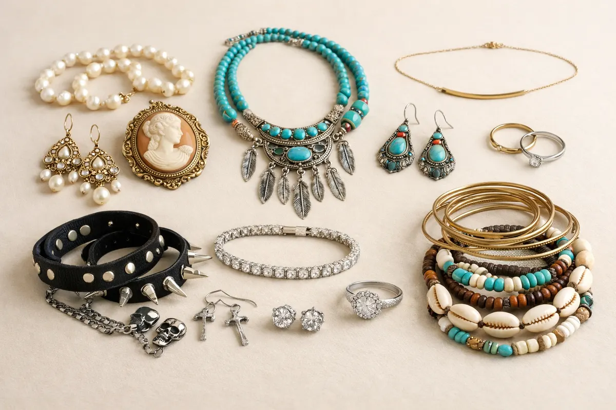 Illustration of assorted jewelry styles, including a cameo brooch, bead necklaces, slim rings, ornate earrings, and stacked bracelets on a neutral background.