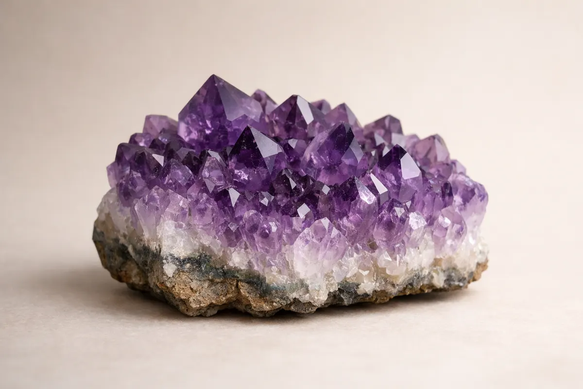 Encyclopedia-style reference visual for Amethyst with labeled recognition details and lookalike cues.
