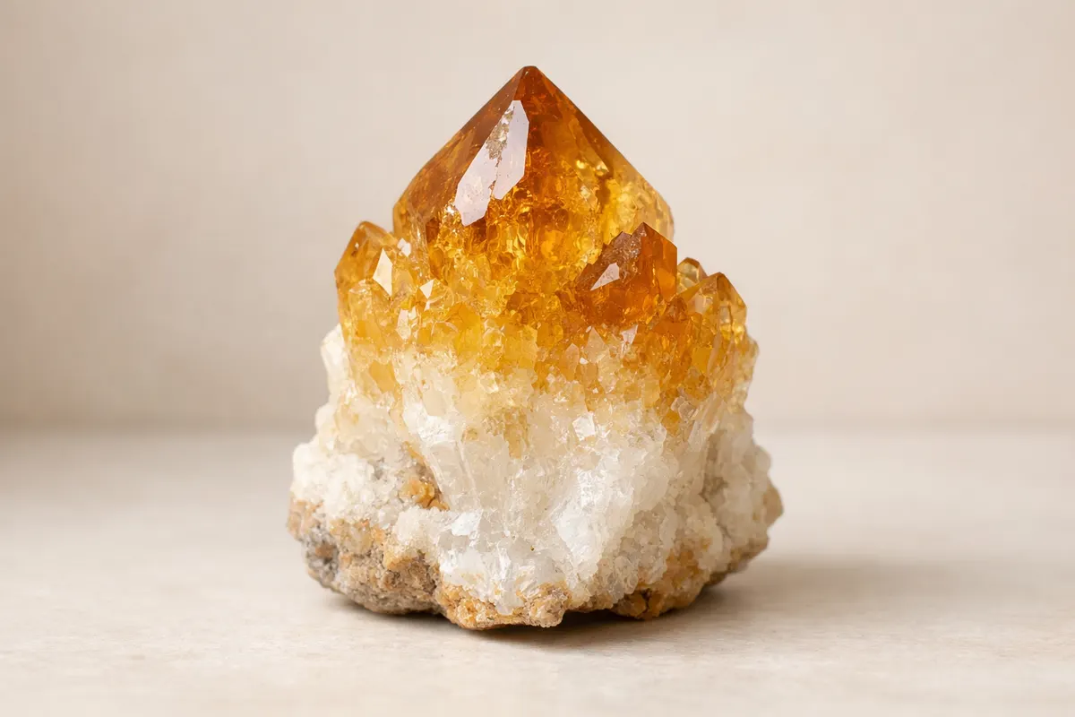 Encyclopedia-style reference visual for Citrine with labeled recognition details and lookalike cues.