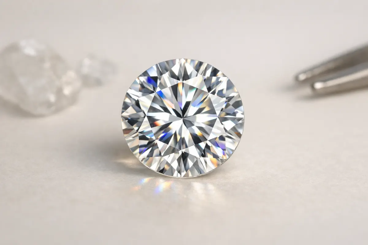 Encyclopedia-style reference visual for Cubic Zirconia with labeled recognition details and lookalike cues.