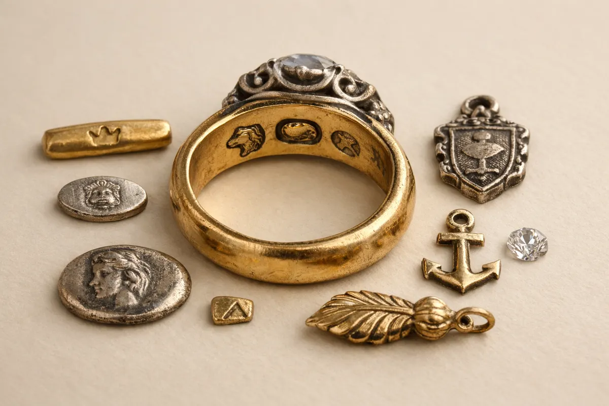 Encyclopedia-style reference visual for Jewelry Hallmarks & Maker's Marks with labeled recognition details and lookalike cues.