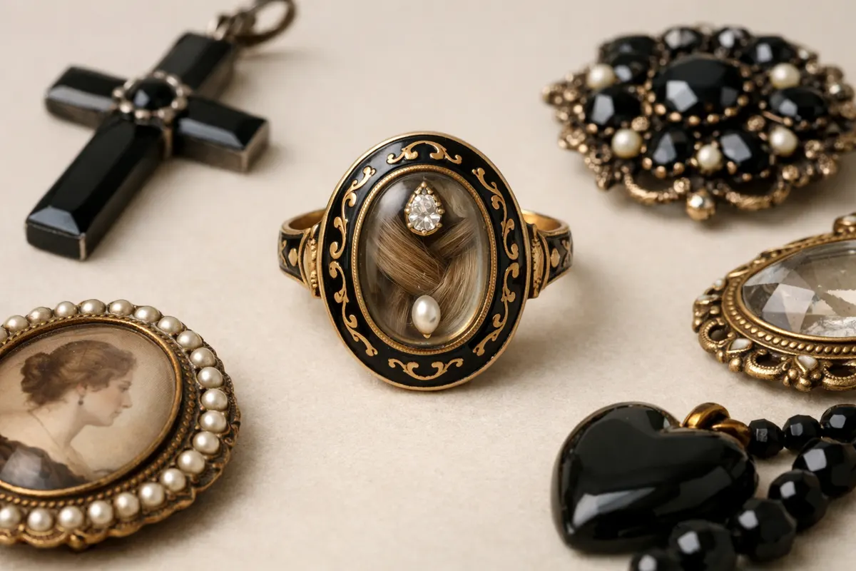 Encyclopedia-style reference visual for Mourning Jewelry with labeled recognition details and lookalike cues.