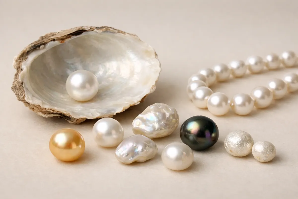 Encyclopedia-style reference visual for Pearl with labeled recognition details and lookalike cues.