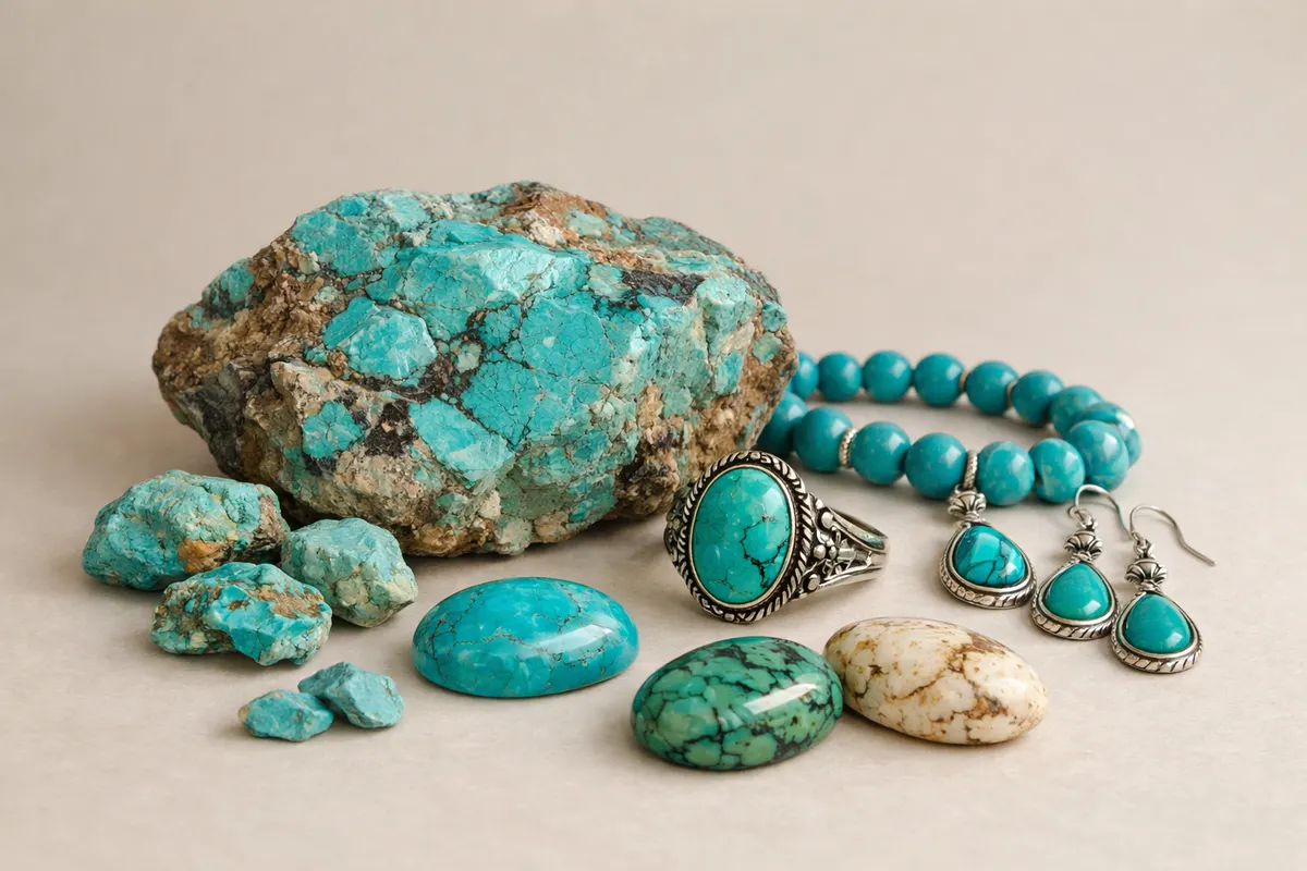 Encyclopedia-style reference visual for Turquoise with labeled recognition details and lookalike cues.